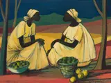 Jan Dingemans, Two Women with Baskets of Fruit, oil on board