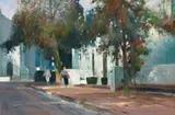 Errol Boyley, Street Scene with Trees and Figures, oil on canvas laid down on board