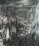 Erika Hibbert, Figures, Cattle and Pyre, mixed media on canvas