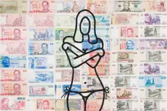 Richard Scott, Well Travelled Woman, acrylic and bank notes laid down on canvas