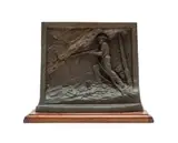 Miner with Machine Drill by Frederik Johannes (Frikkie) Kruger, bronze with a brown patina, on a wooden base, offered Feb 2025