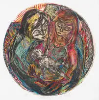 Anna Alcock, Guardian Angel, linocut with hand colouring and embroidery on paper