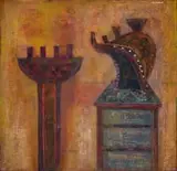 Gunther van der Reis, African Helmet, mixed media on board