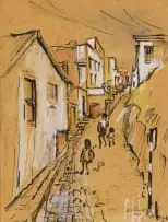 Bransom William Strapp, Bo-Kaap Street Scene with Children, watercolour and pencil on paper