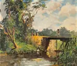 Guilherme d'Oliveira Marques, Figures by a Bridge, oil on board