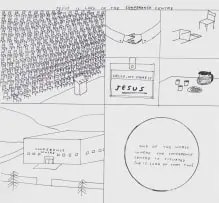 David Shrigley and Yoshitomo Nara, Untitled (Jesus is Lord of the Conference Centre), 2002, mixed media on paper