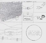 David Shrigley and Yoshitomo Nara, Untitled (Jesus is Lord of the Conference Centre), 2002, mixed media on paper