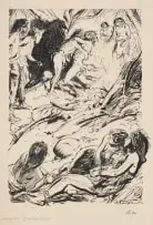 Zdeněk Burian, Cave Fight, ink and gouache on paper
