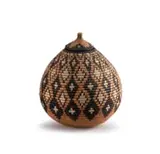 Zulu beer basket, 1987 by Zulu Peoples Unrecorded artist, Hyphaene coriacea palm for both wrapping and core materials with 'Shields of Shaka' design, sold Jul 2025