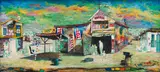 Willie Bester, Township Scene with Barber Shop, mixed media on board