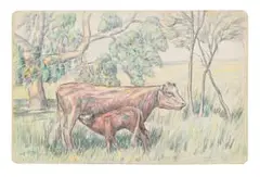 Moses Tladi, Landscape with Cow and Nursing Calf, coloured pencil on card