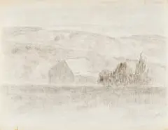 Moses Tladi, Landscape with Farmhouse, pencil on paper