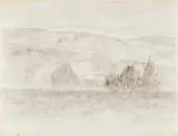 Moses Tladi, Landscape with Farmhouse, pencil on paper