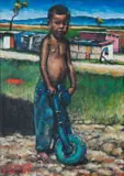 Willie Bester, Young Boy with Toy Wheelie, oil on canvas laid down on board in the artist's handmade frame