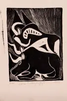 John Muafangejo, Two Cattle, linocut on paper