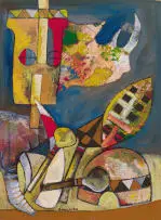 Abstract Composition with Rhinoceros and Shield by Speelman Mahlangu, mixed media on card laid down on board, sold Mar 2025