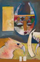 Abstract Composition with Bird and Mask by Speelman Mahlangu, mixed media on card laid down on board, sold Mar 2025