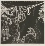 Azaria Mbatha, Figures and Bird, woodcut print on paper