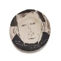 Plate with face and text by Clementina van der Walt, painted and glazed ceramic, offered Mar 2025