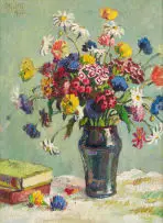 Gregoire Boonzaier, Still Life with Flowers and Books, oil on canvas