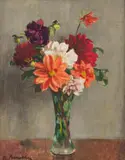 Robert Broadley, Red and Orange Dahlias in a Tall Vase, oil on canvasboard