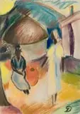 Pranas Domšaitis, Figures outside Huts, pastel on paper laid down on board