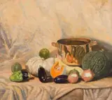 Martin Koch, Still Life with Vegetables and Copper Pot, oil on board