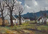 Don (Donald James) Madge, Cottages with Trees and Mountains beyond