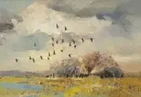 Errol Boyley, Landscape with Birds in Flight, oil on canvas laid down on board