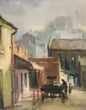 Ruth Squibb, Street Scene with Horse and Cart, oil on board