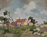 Houses with Trees by Gregoire Boonzaier, oil on canvas, sold Mar 2025