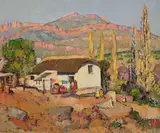 Piet van Heerden, Houses in a Mountain Landscape, oil on board