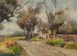 Errol Boyley, Houses, Figures and Trees along a Roadway, oil on hessian laid down on board