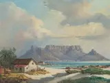 Gabriel de Jongh, Coastal Cottages with Table Mountain in the Distance, oil on canvas