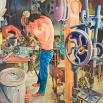 Marianne Podlashuc, In the Workshop, oil on canvas laid down on board