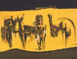 Cecil Skotnes, Figures and Animals, oil and sand on canvas laid down on board