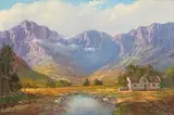 Gabriel de Jongh, Mountain Landscape with Cape Dutch Cottage, oil on canvas