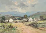 Christiaan Nice, Cottages by a Roadway, oil on canvas laid down on board