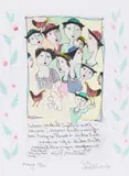 Pieter van der Westhuizen, Faces and Birds, etching and watercolour on card