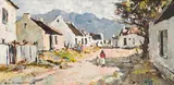 Street Scene with Figures and Cape Cottages by Don (Donald James) Madge, oil on board, offered Mar 2025