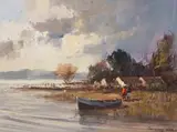 Christiaan Nice, Landscape with Figures and Boat, oil on canvas laid down on board