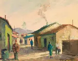 Carlo Sdoya, Street Scene with Figures, oil on canvas laid down on board