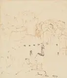 Irma Stern, Landscape with Buildings and Mountain in the Distance, ink on paper