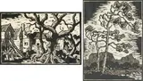 Gregoire Boonzaier, Farmworker Cottages with Large Tree; Windswept Trees, two, linocut on paper