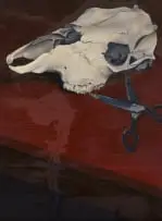 Still Life with Skull and Scissors by Wayne van Huysteen, oil on board, offered Mar 2025
