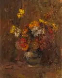 Zinnias in a Vase by Adriaan Boshoff, oil on canvas laid down on board, offered Mar 2025