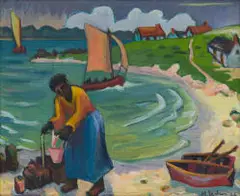 Maggie Laubser, Seascape with Woman Carrying Bucket; Boats and Houses in Background, oil on canvas