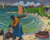 Maggie Laubser, Seascape with Woman Carrying Bucket; Boats and Houses in Background, oil on canvas