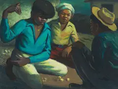 The Dice Players by George Pemba, oil on canvasboard, sold Feb 2025