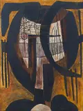 Cecil Skotnes, Abstract Head, painted, carved and incised wood panel